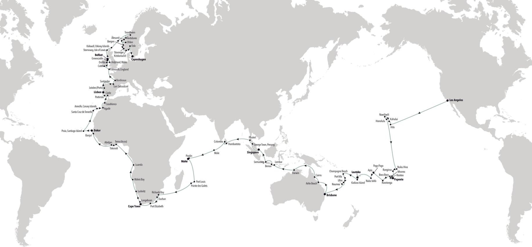 The Three Oceans World Cruise: Los Angeles, California to Copenhagen Itinerary Map